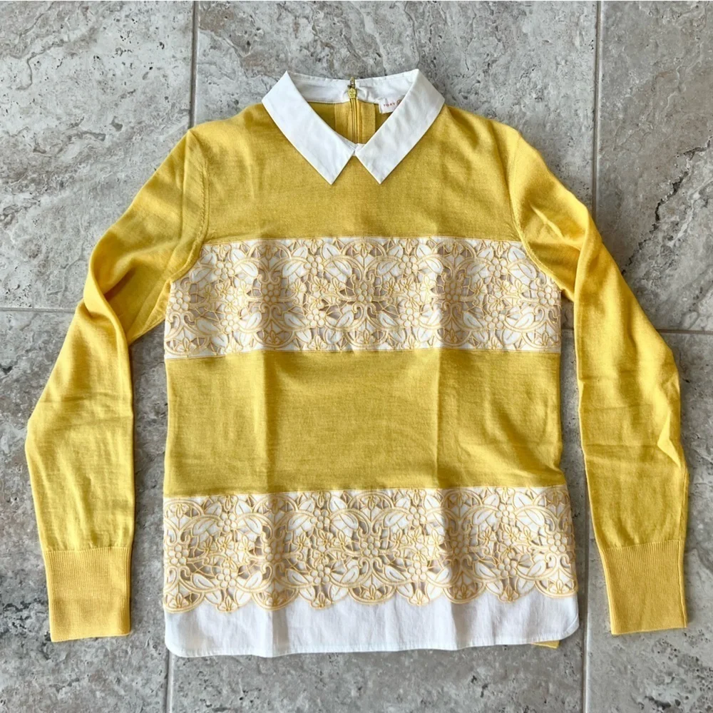 Tory Burch Edwina Embroidered Panel Merino Collared Sweater, Sun Yellow, S/P
